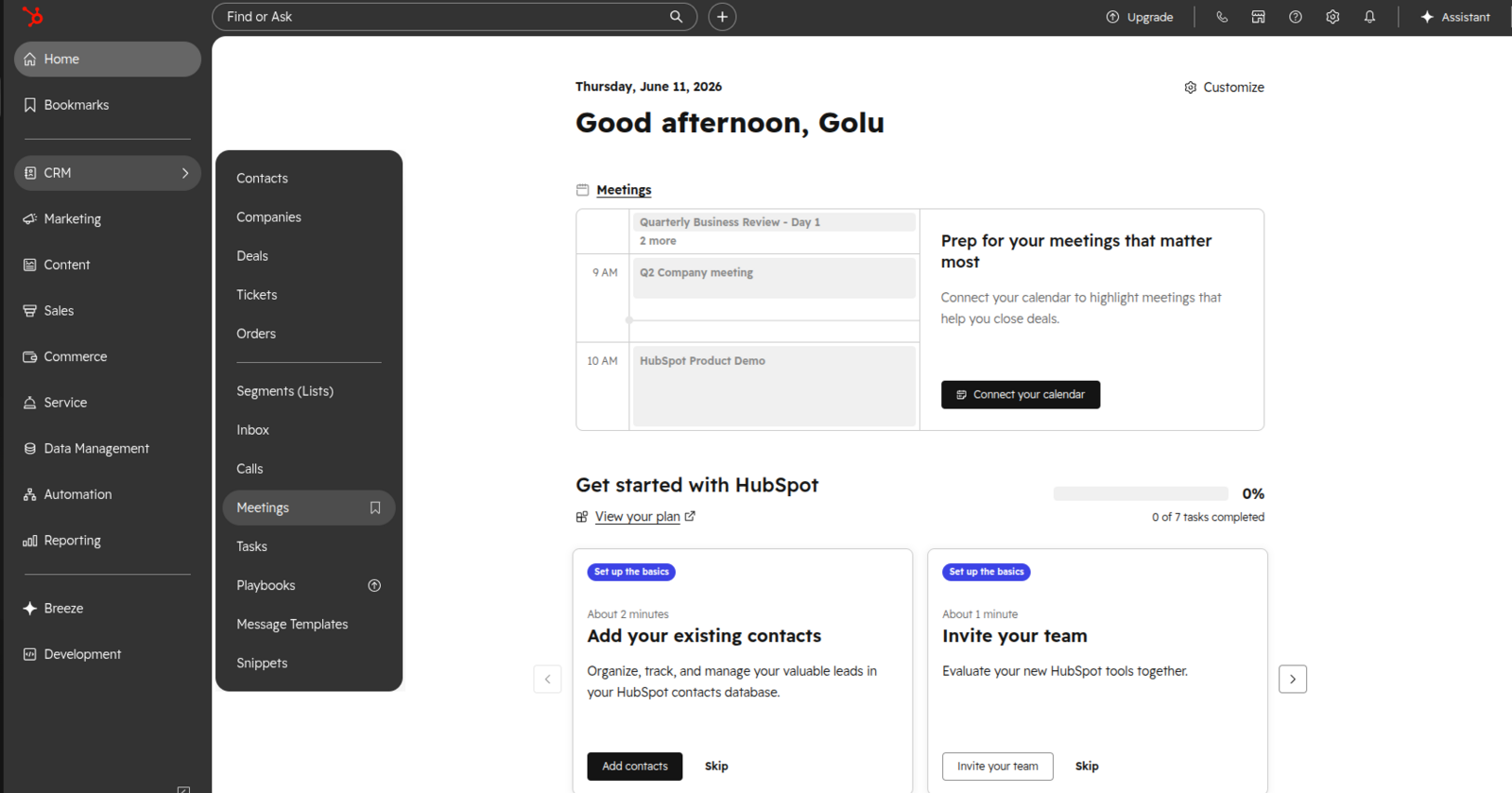 HubSpot navigation with the CRM menu open and Meetings selected