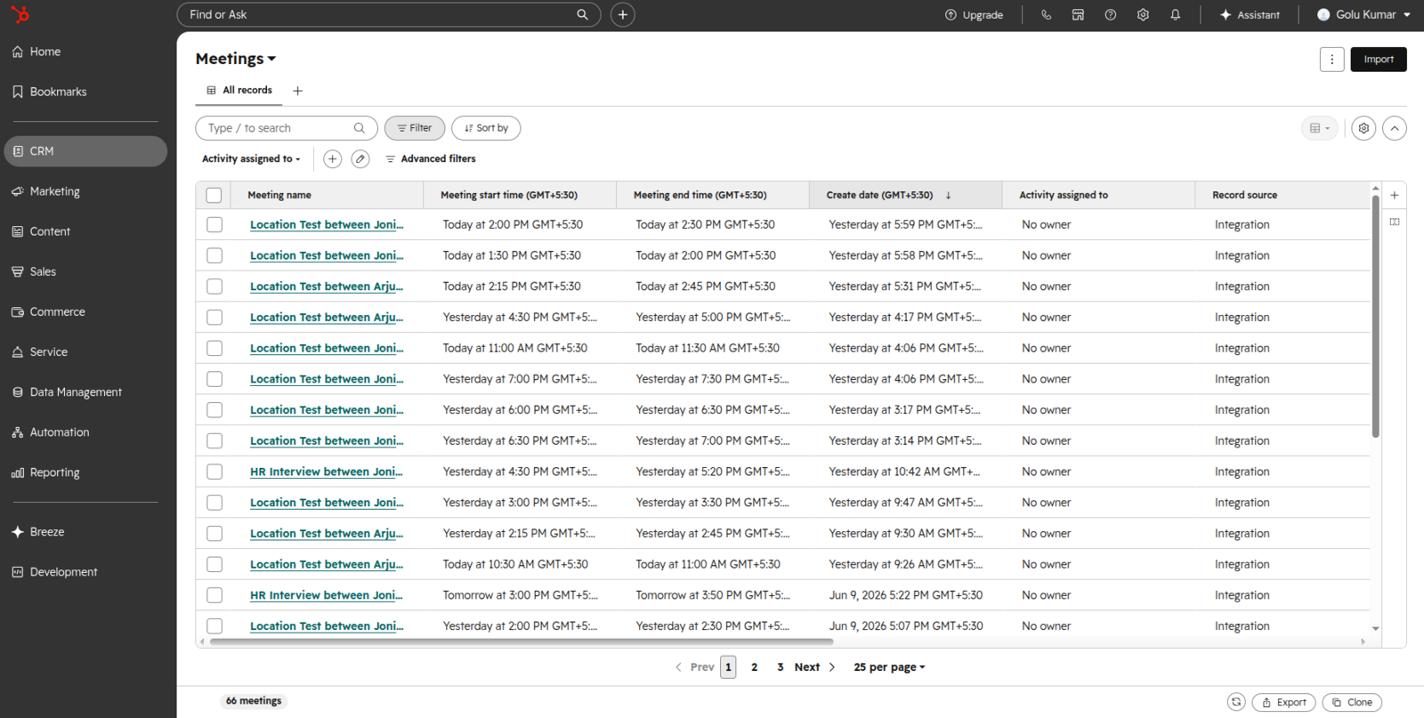 HubSpot Meetings table listing appointments synced from Cal ID with their dates and contacts