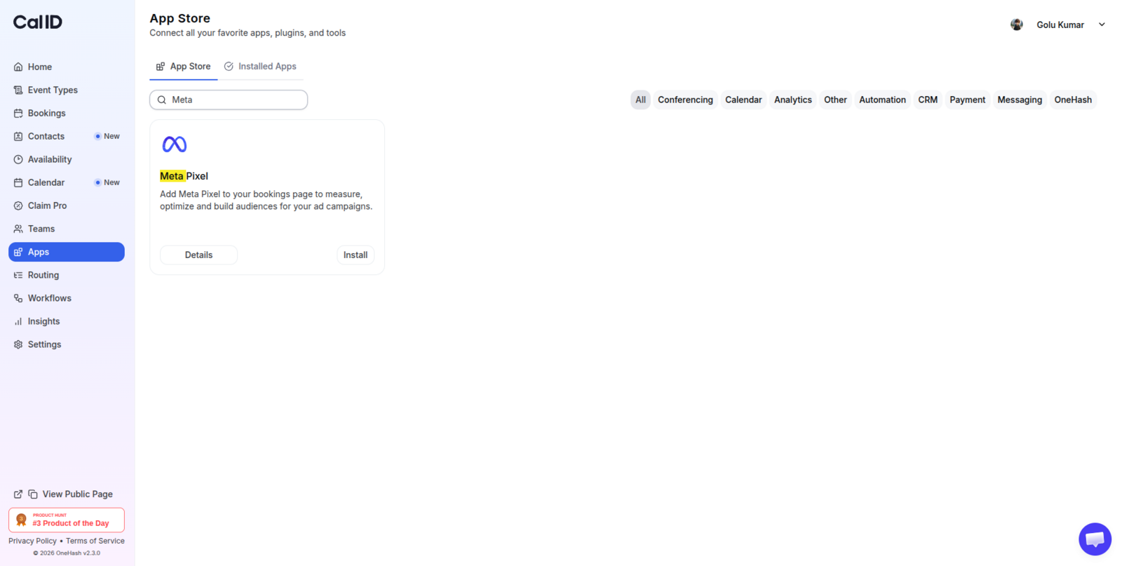 App Store search results for Meta Pixel, showing the Meta Pixel card and its Install button