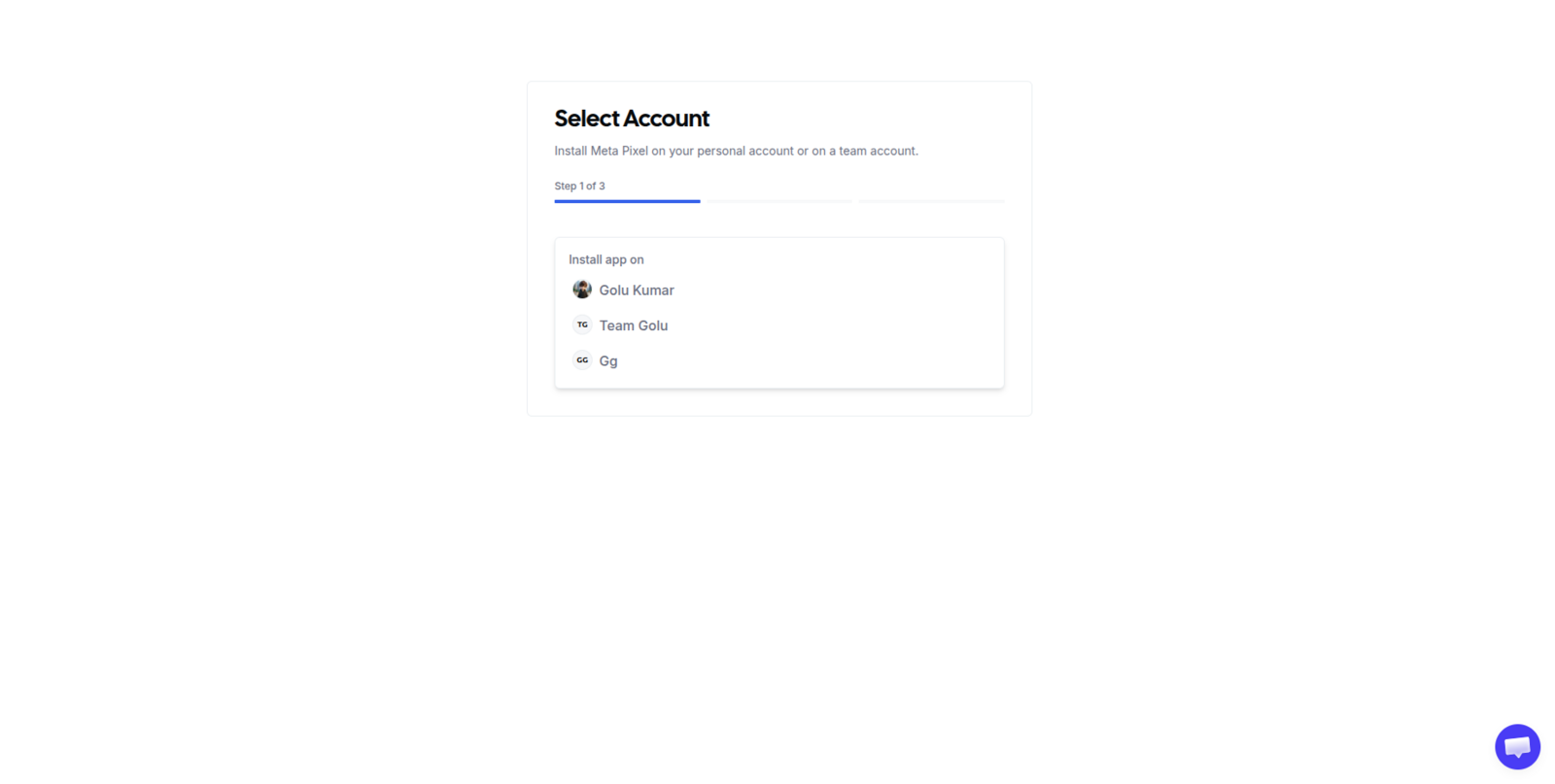 Meta Pixel install dialog with the Personal and Team account options listed