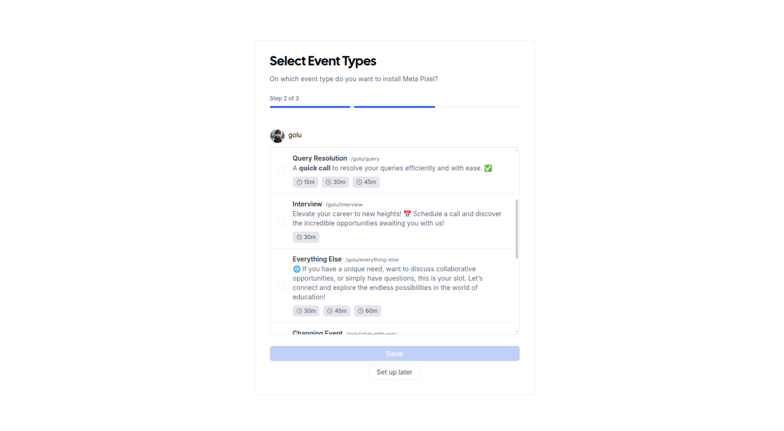 Meta Pixel install screen listing your event types with selection controls and an option to configure them later
