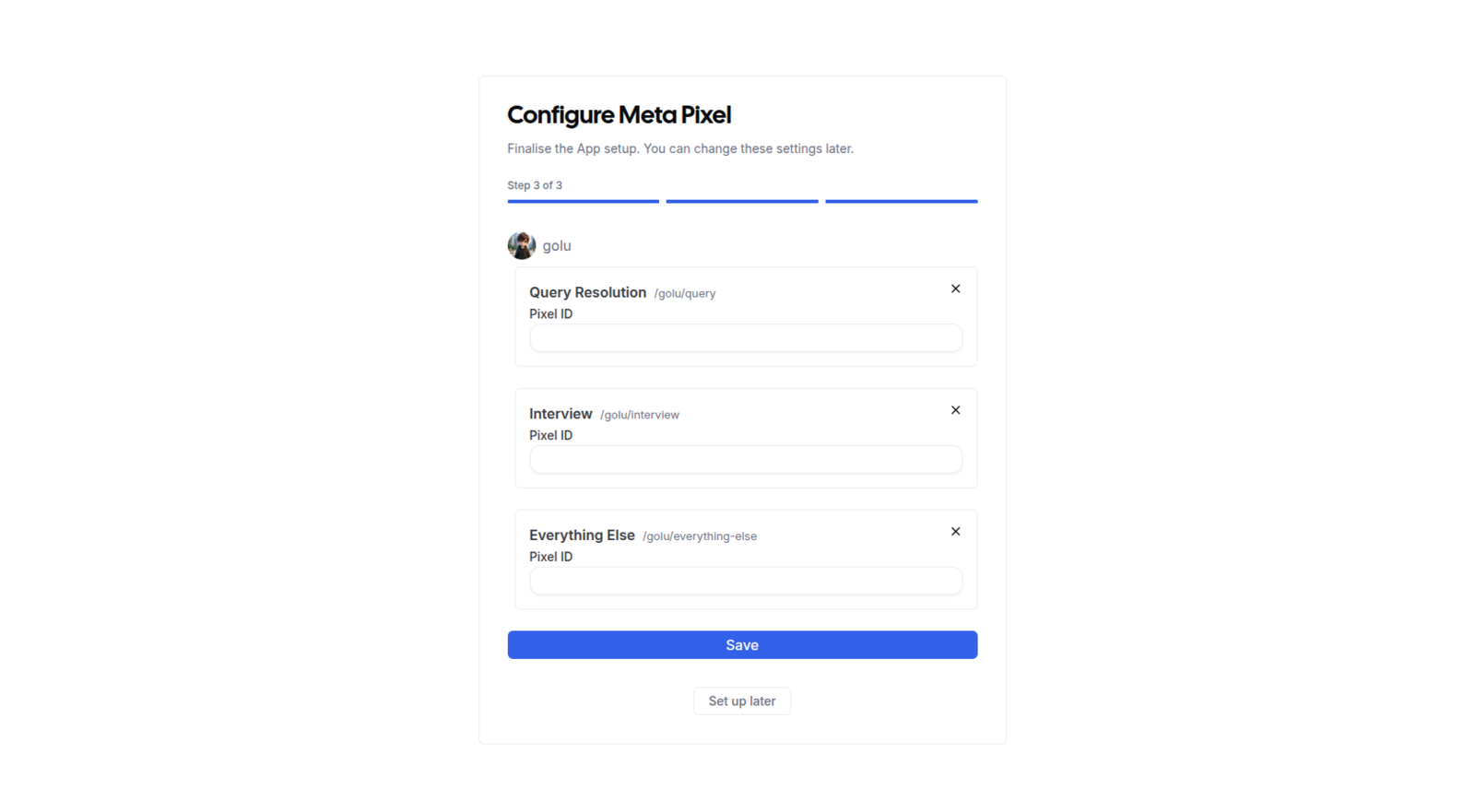 Meta Pixel setup form in Cal ID with the Pixel ID field filled in and a submit button below