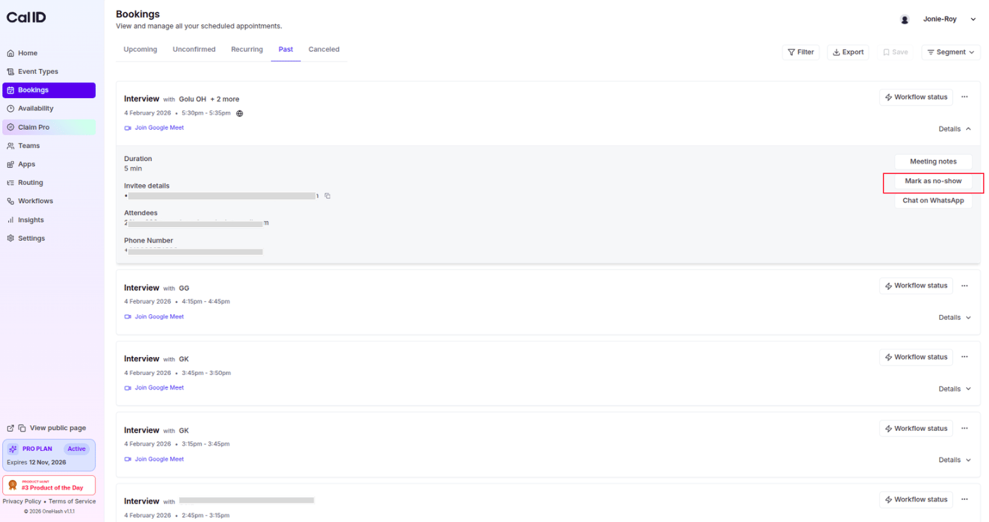 No-show checklist popup for multiple attendees