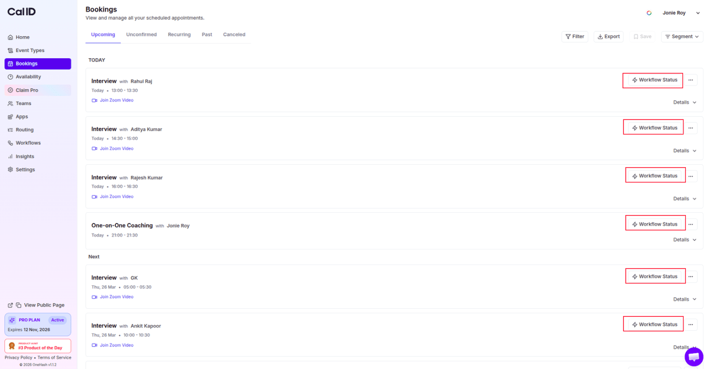 Workflow Status button on a booking