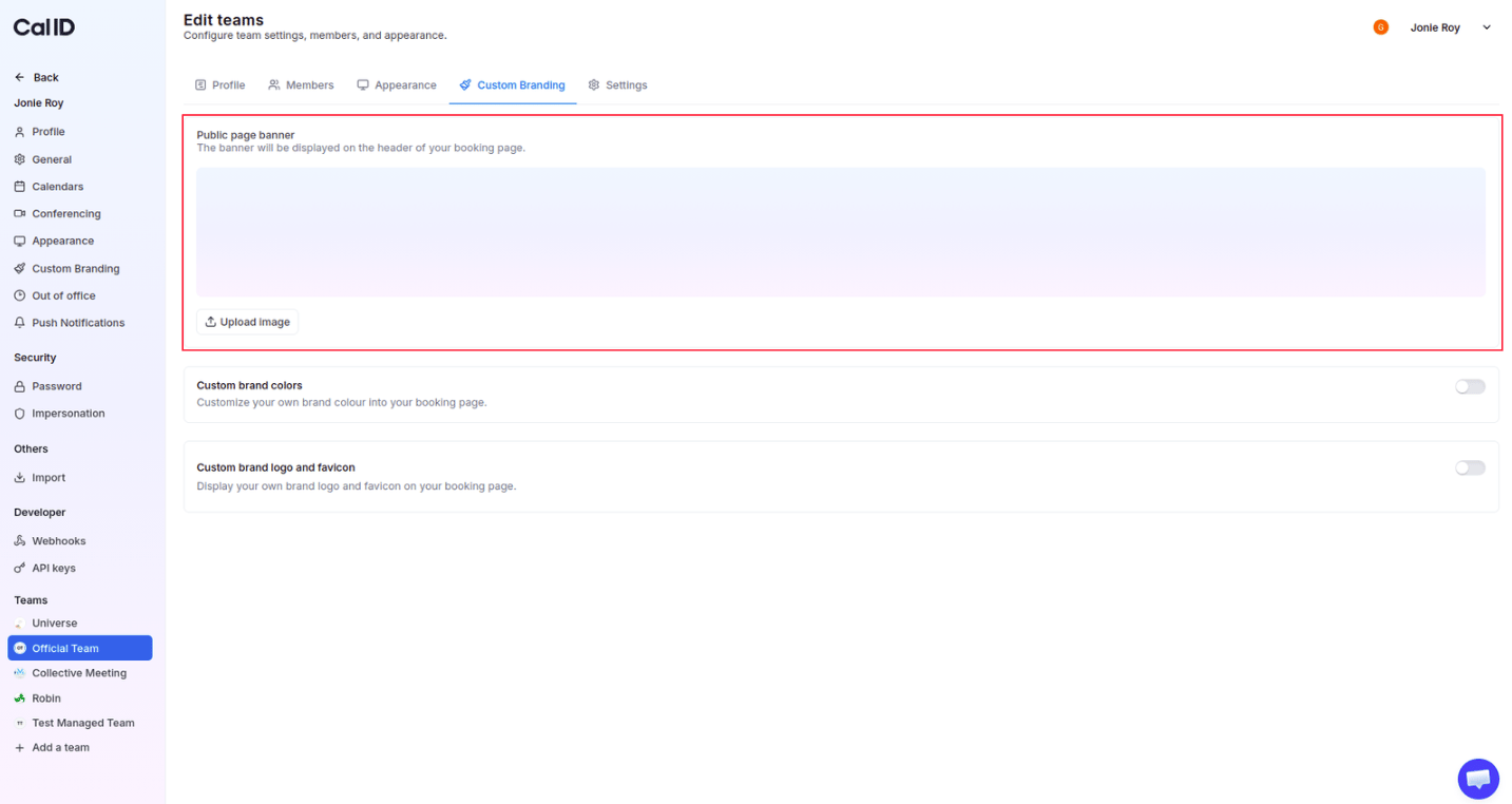 Team public page banner setting