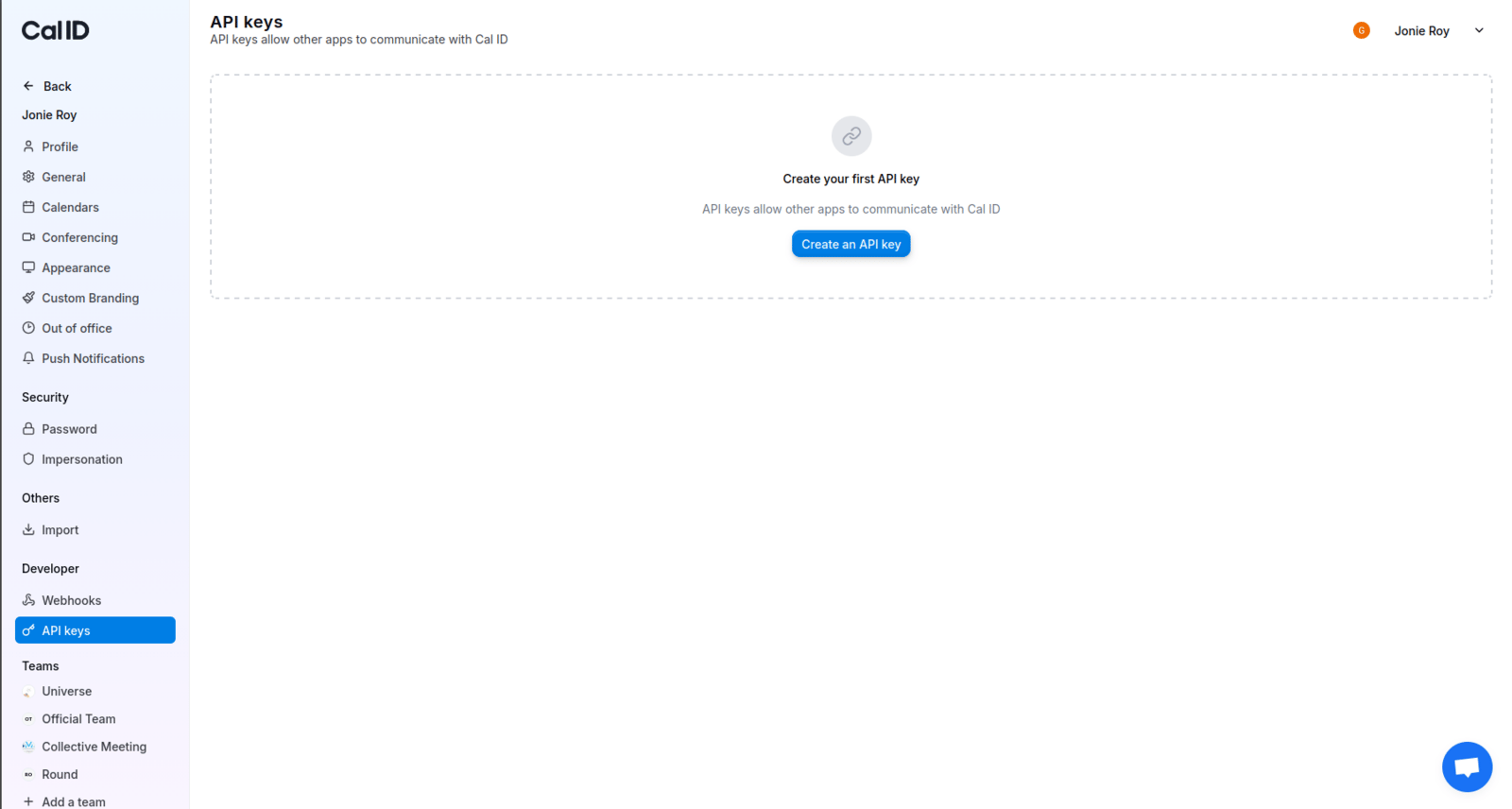 API Keys management dashboard