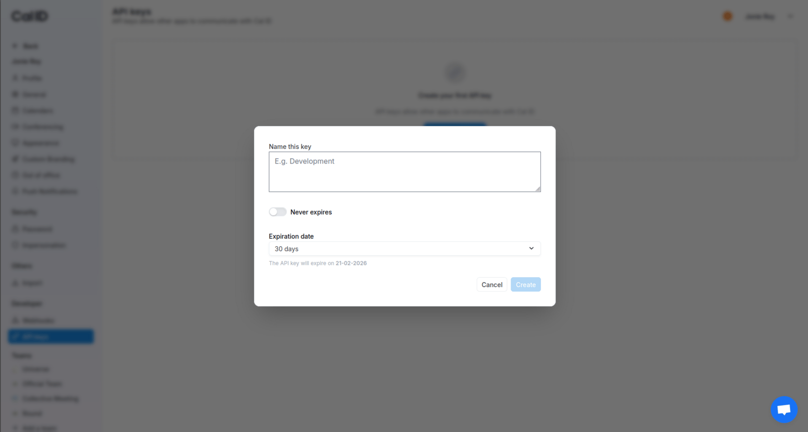 Create an API Key button
