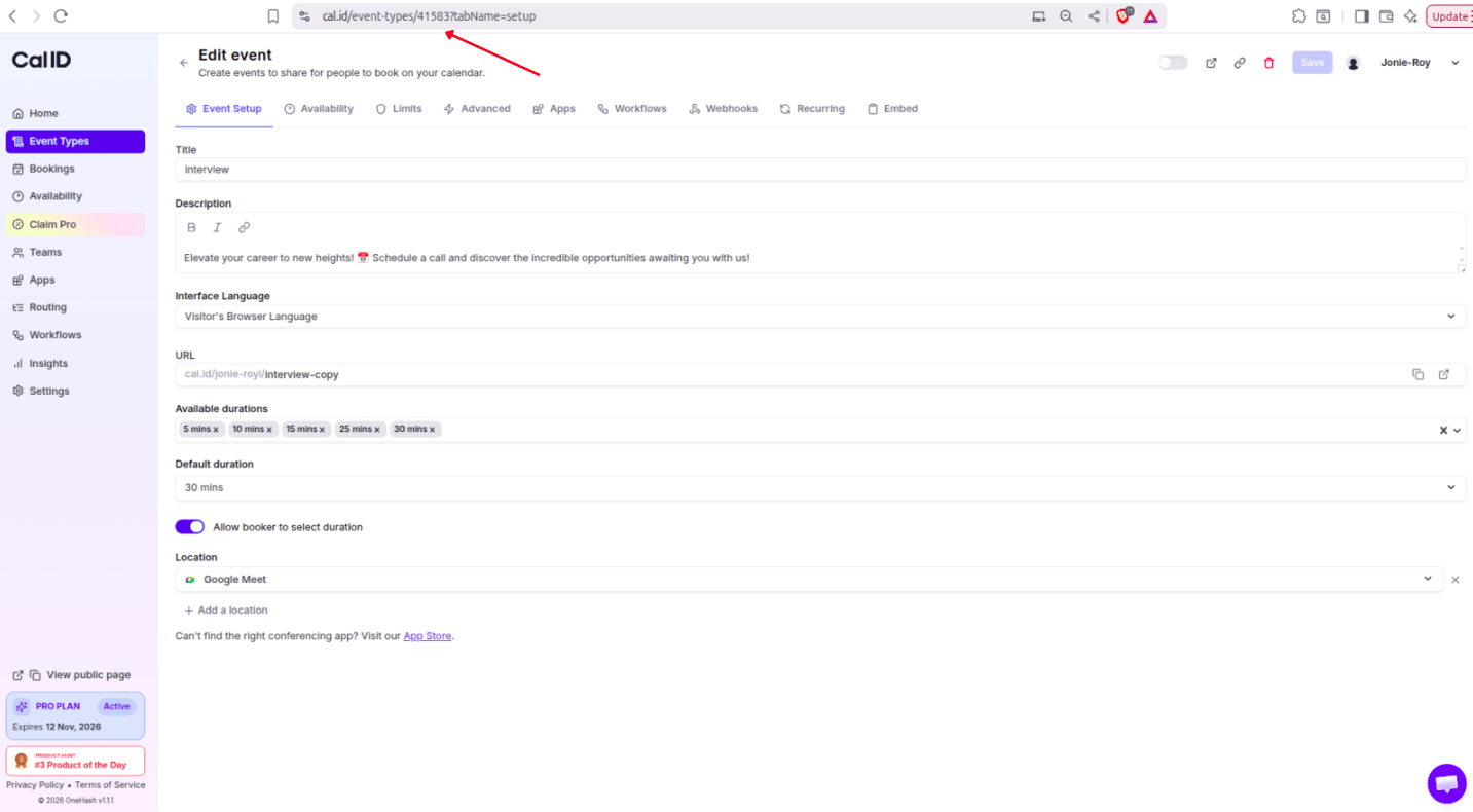 Event Type ID in the browser address bar