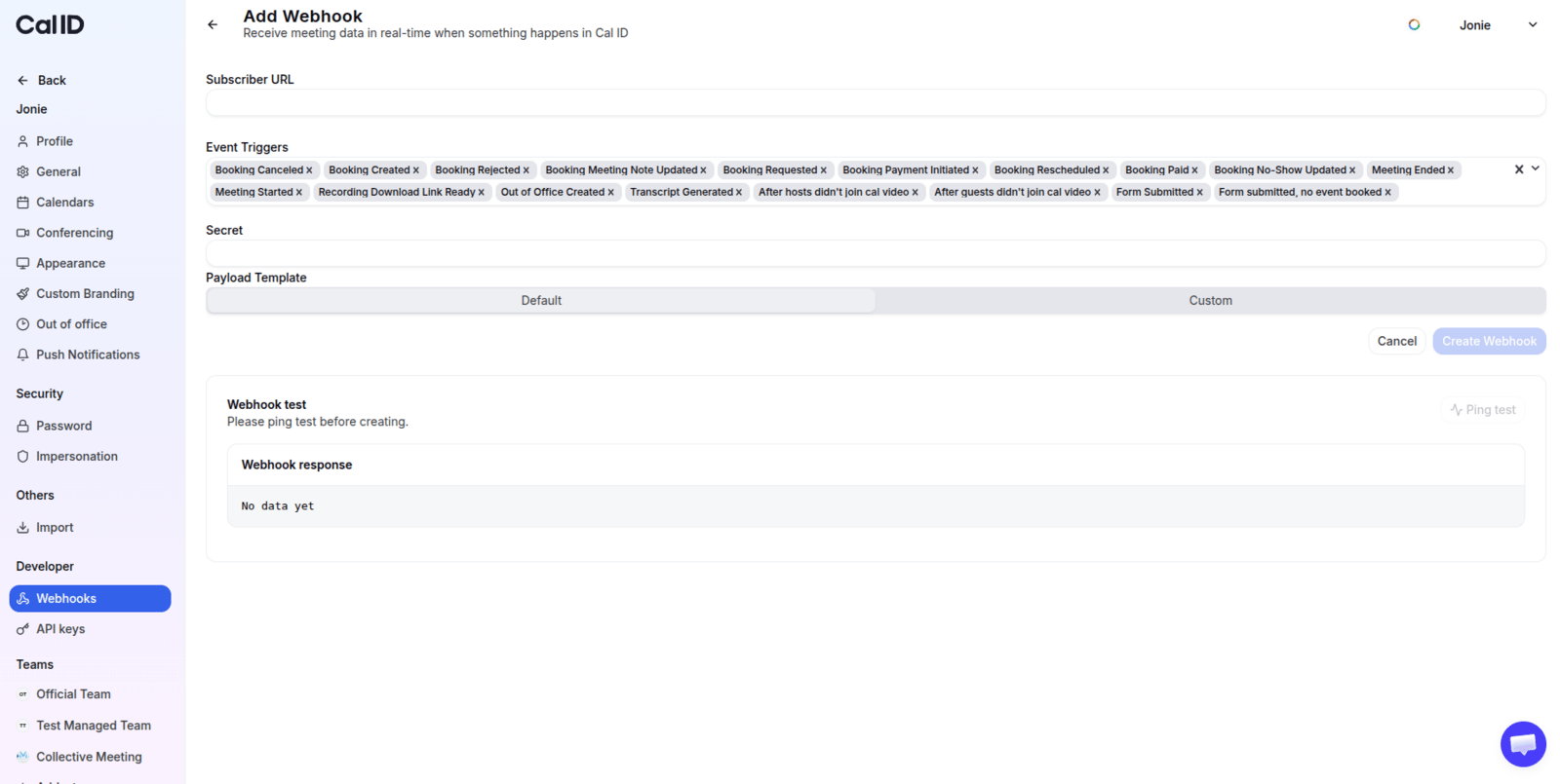 Creating a webhook subscription