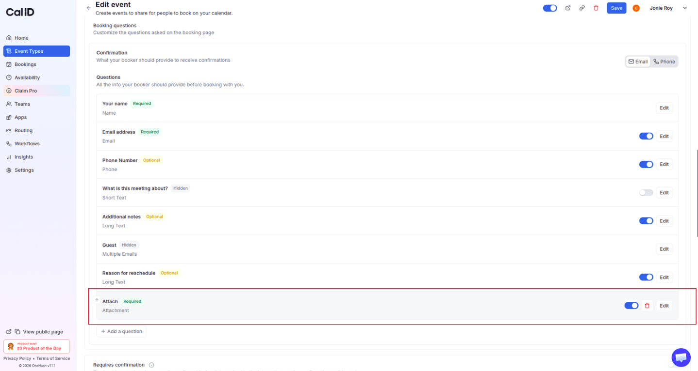 Saving the event type with the new attachment question