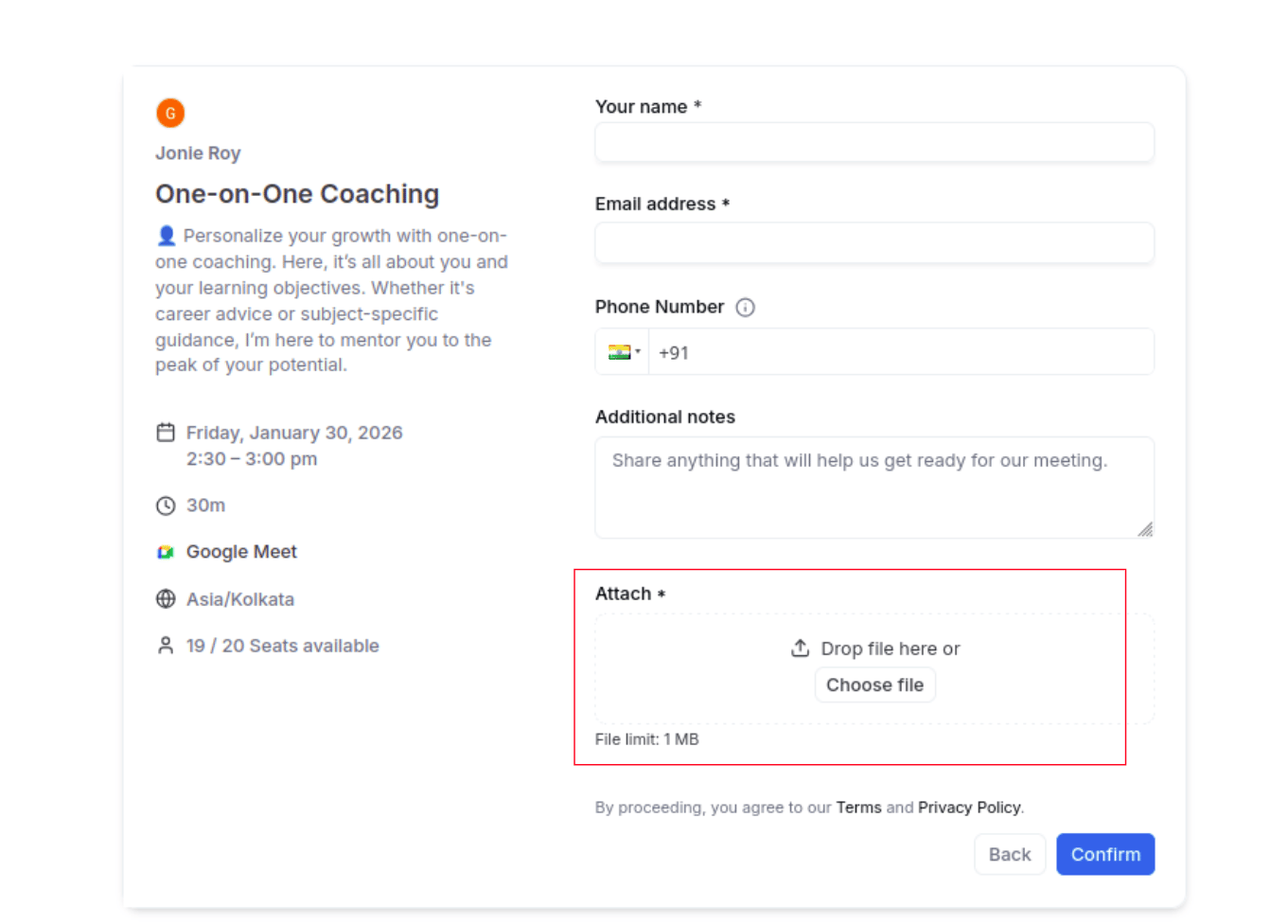 The file upload box on the booking page