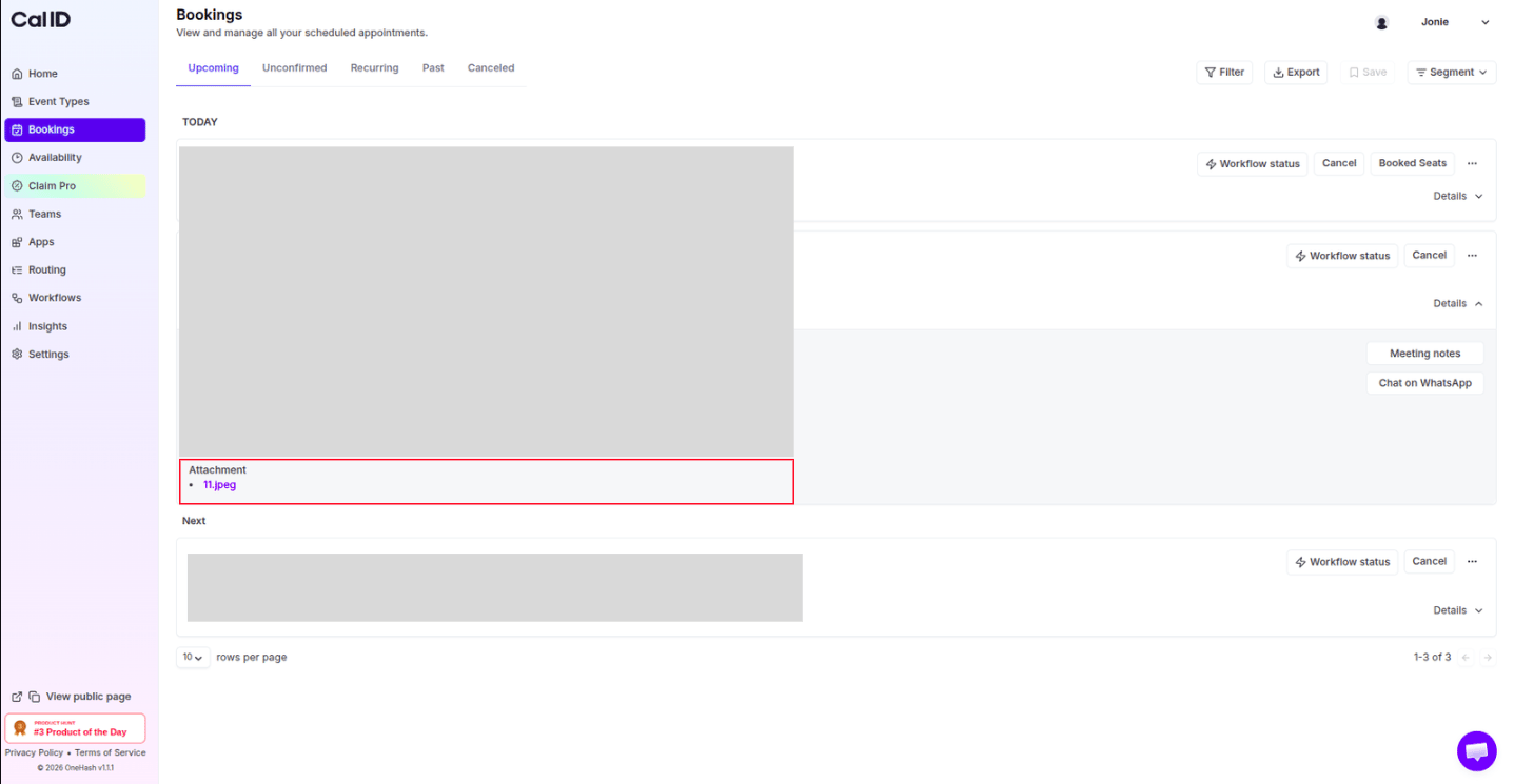 Viewing and downloading an attached file from the Bookings tab