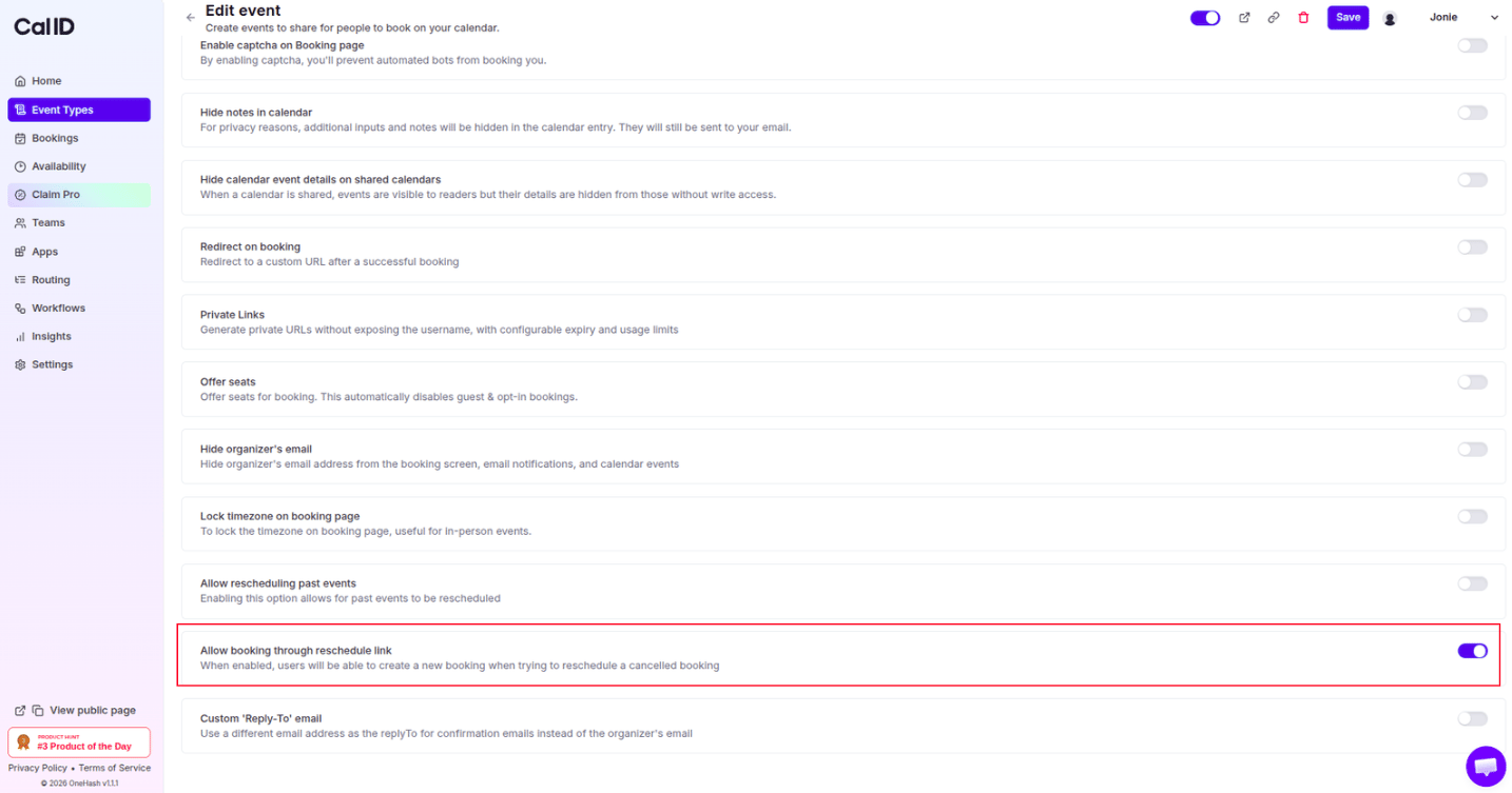 Allow booking through reschedule link toggle