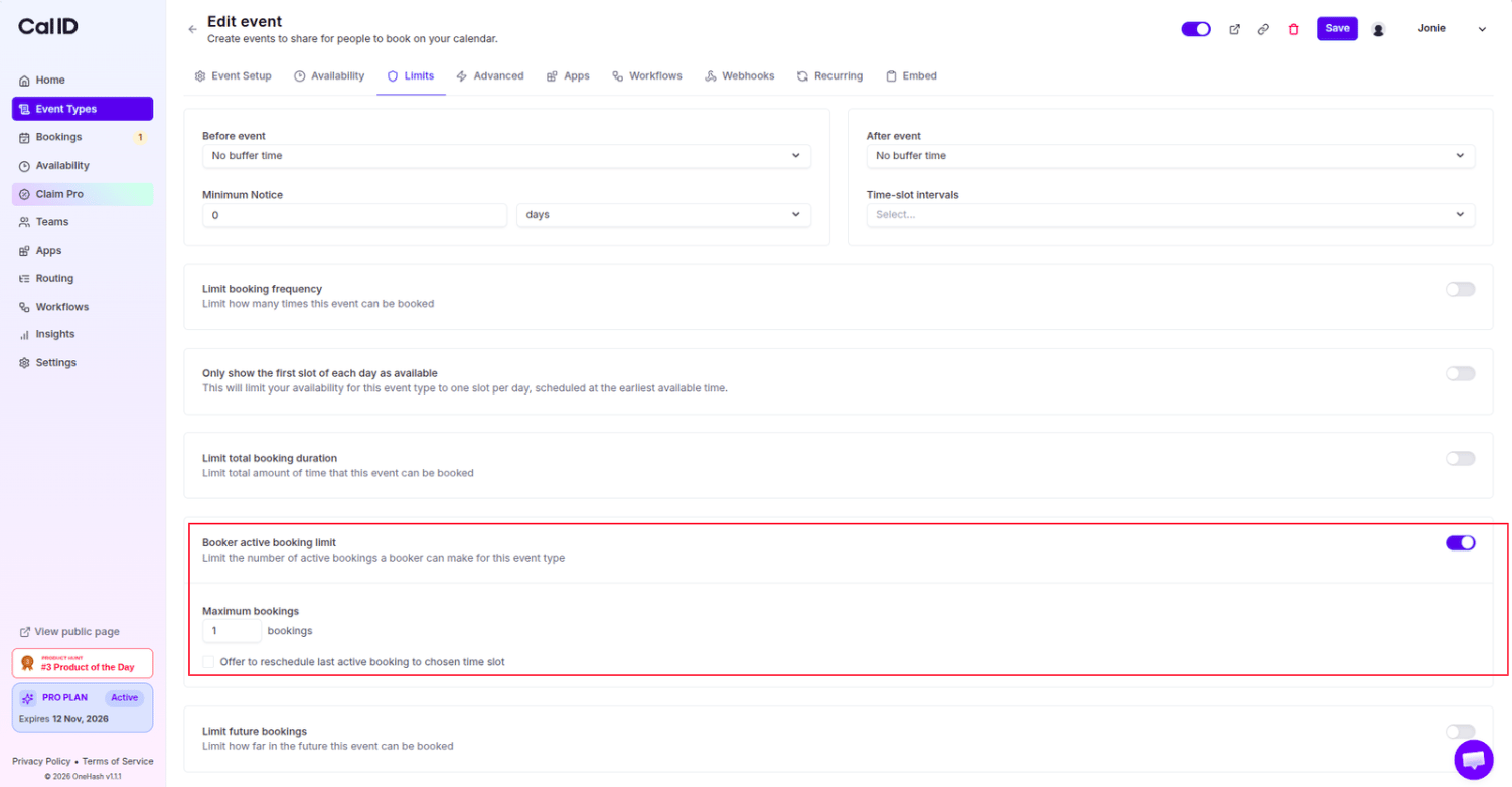 Setting the booker active booking limit count in the Limits tab