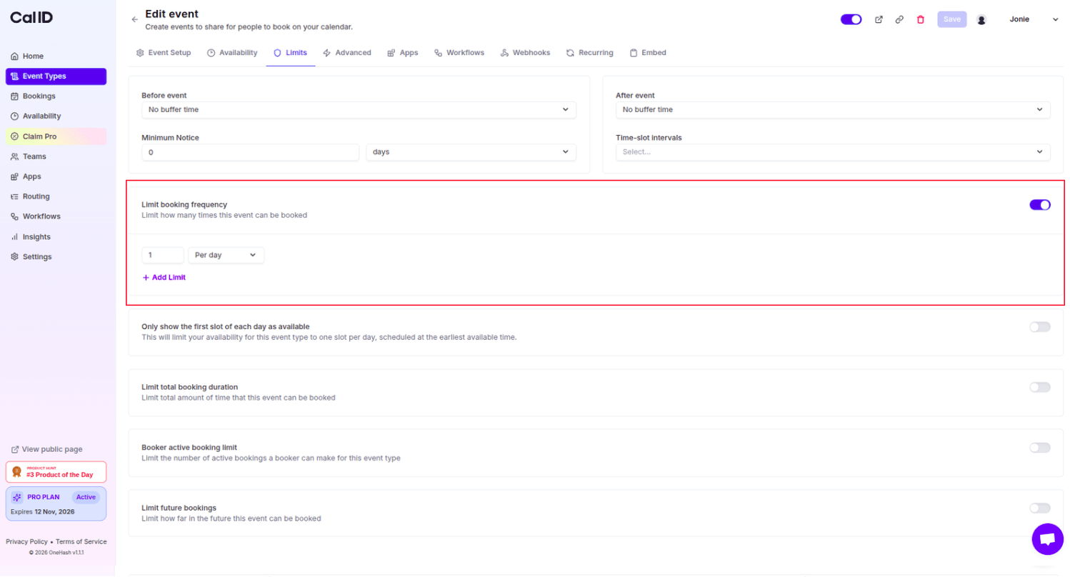 Setting the maximum number of bookings per period in the Limits tab