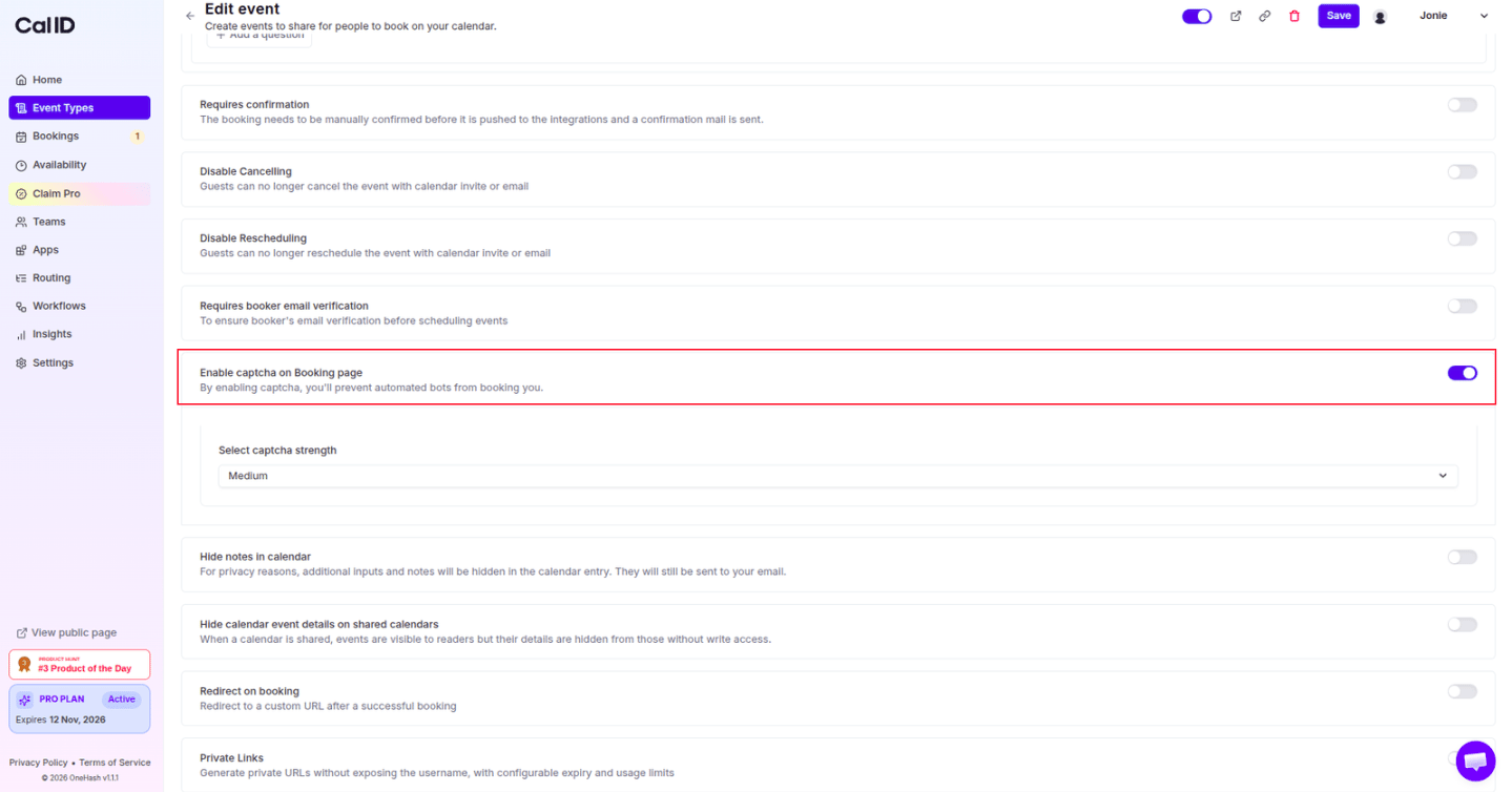 Enabling the captcha toggle in the Advanced tab