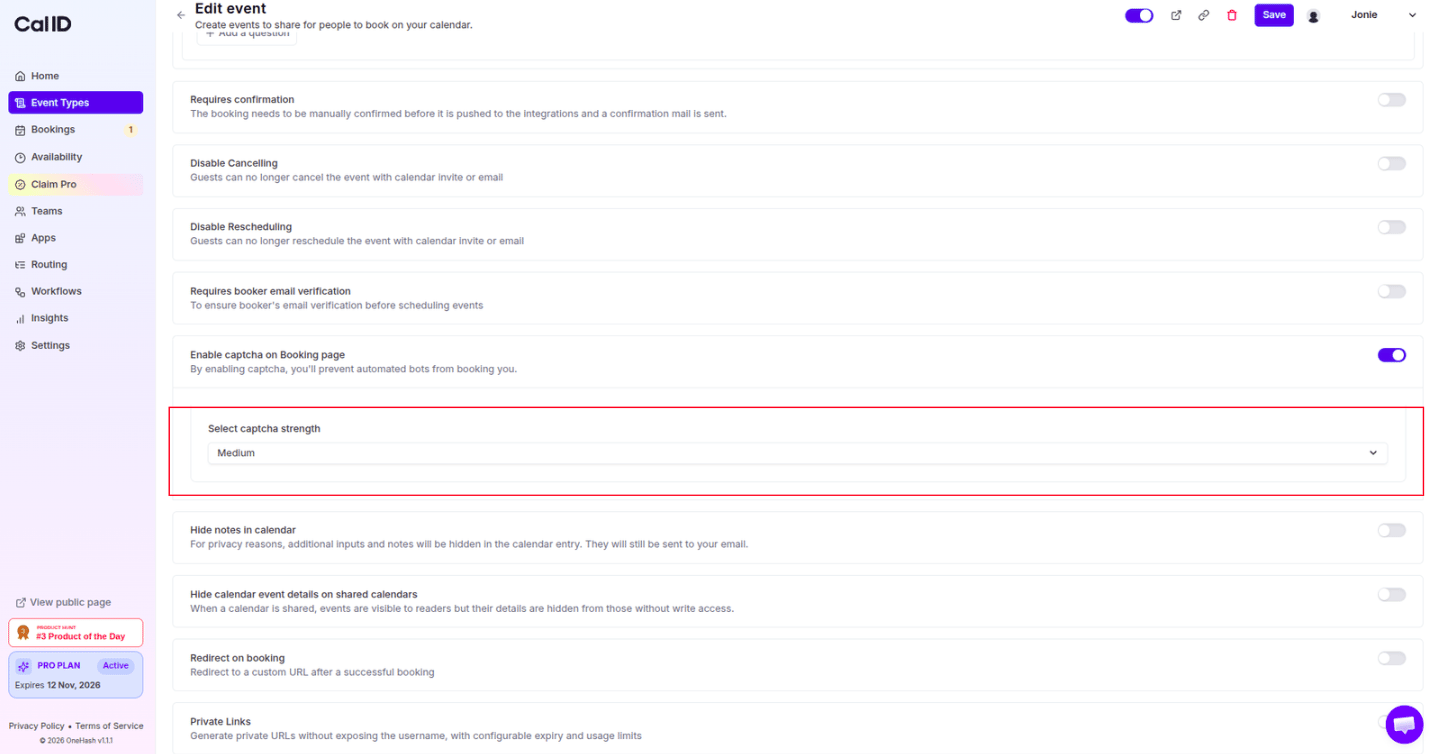 Selecting the captcha strength from the dropdown