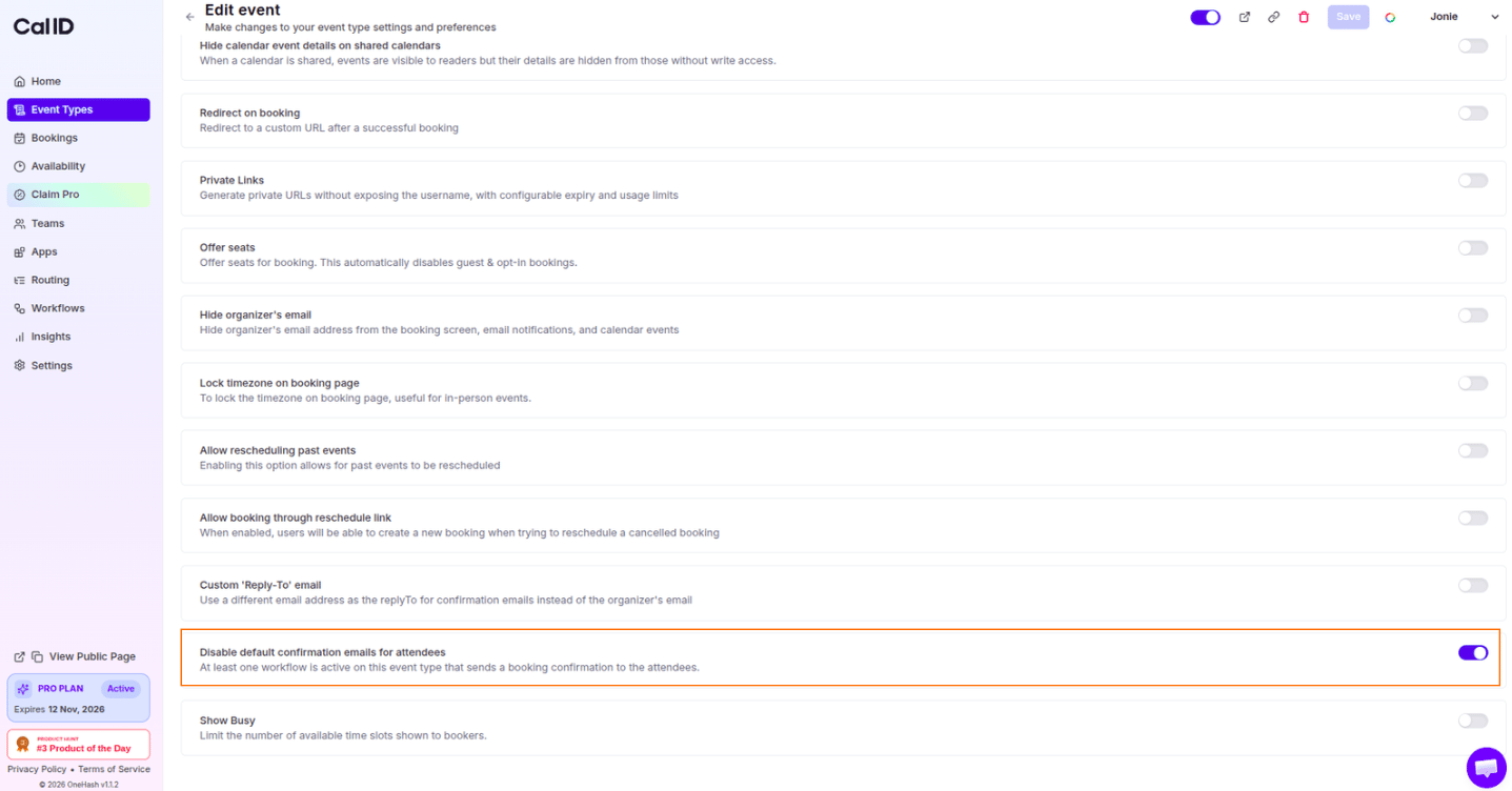 Disable default confirmation emails toggle