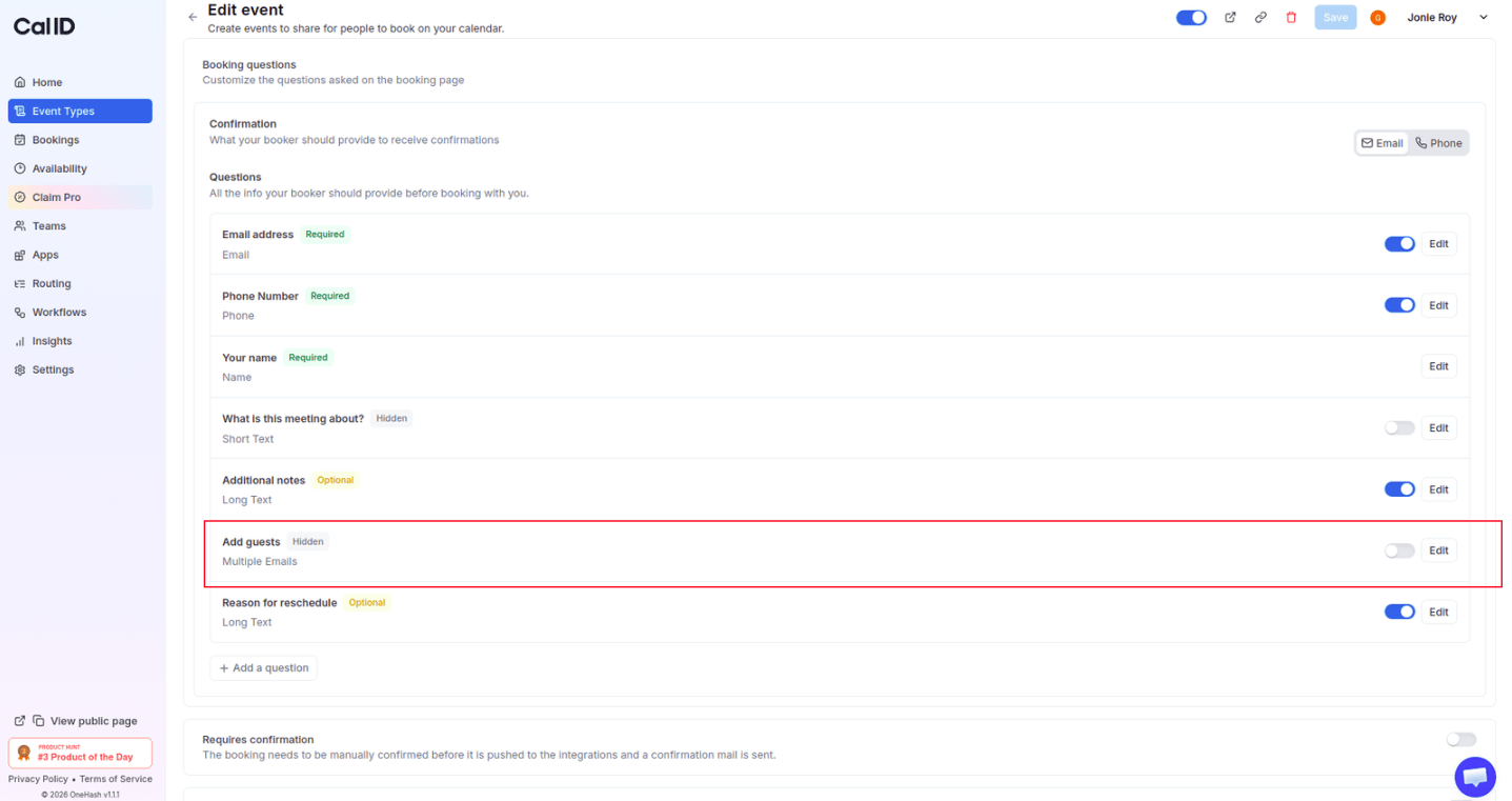 Toggling the Add guests question off in the Questions section