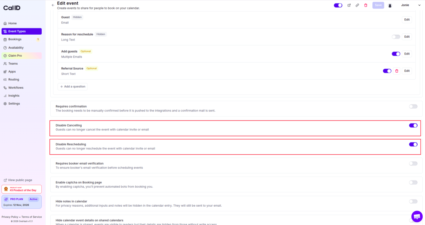 Disable Cancelling and Disable Rescheduling toggles