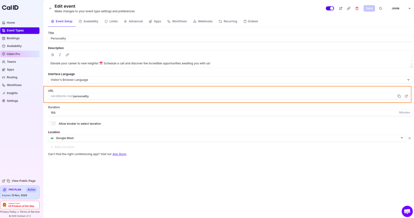 Modifying the event URL