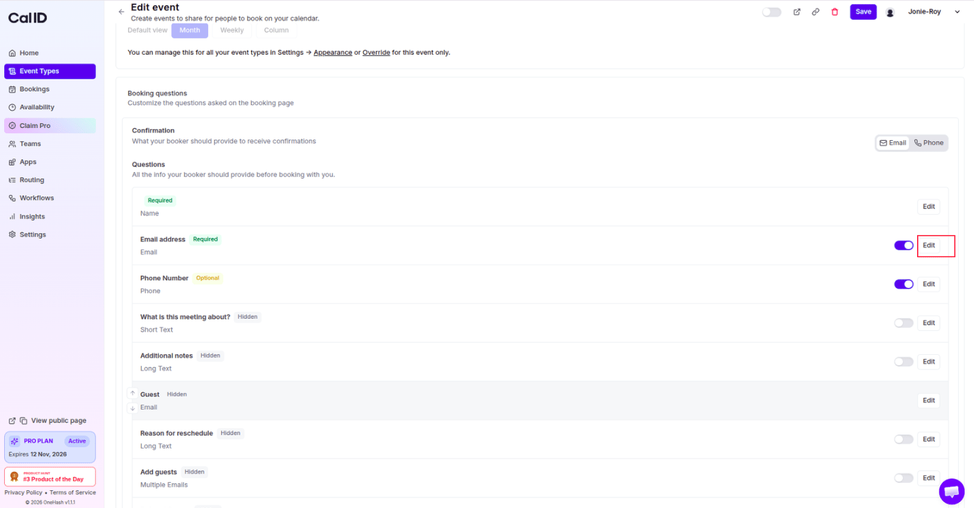 Editing the Email address booking question