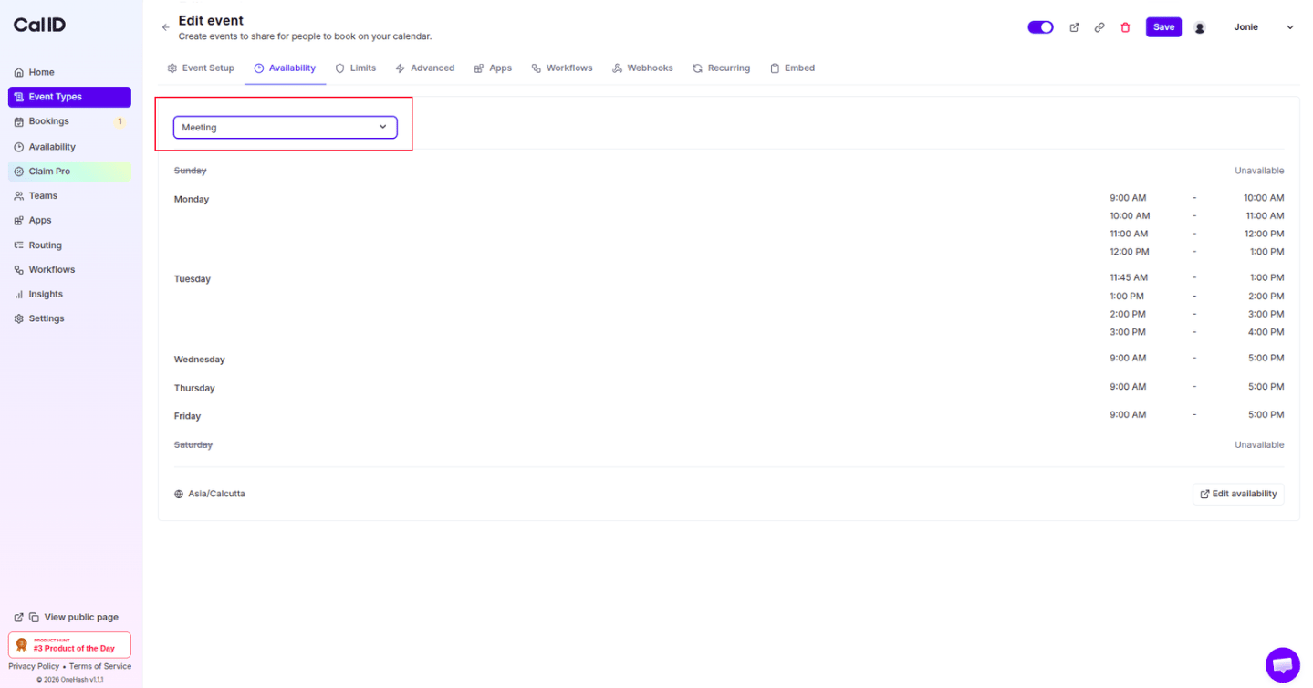 Availability tab in event settings