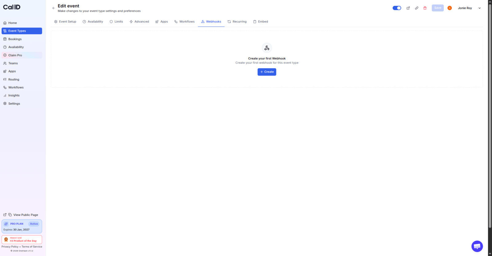Create button in the Webhooks tab