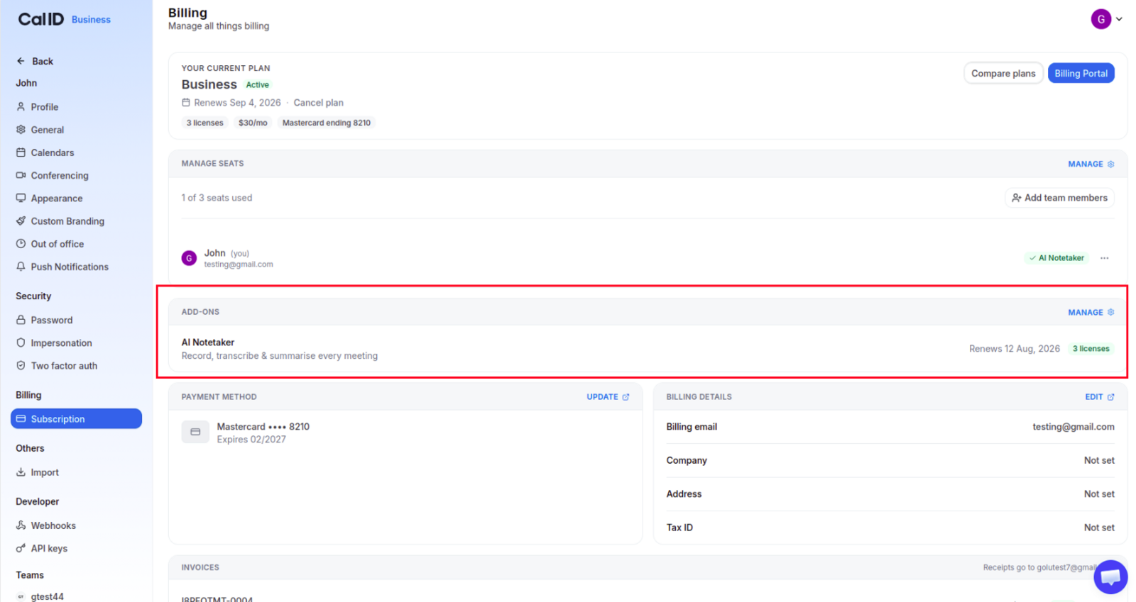 Add-ons section of the Subscription page showing the AI Notetaker add-on, its active status, and the number of licences assigned