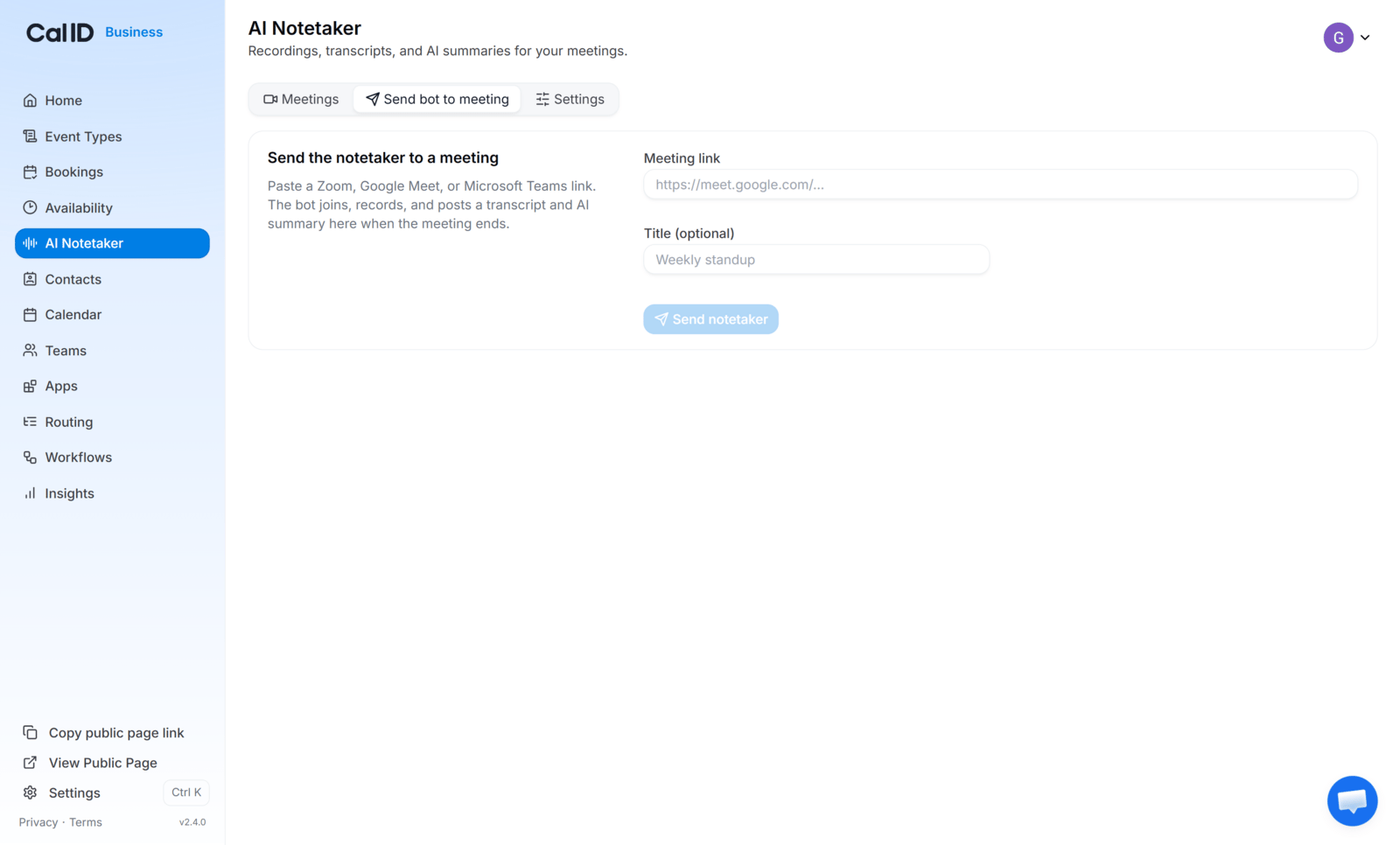 Send Bot to Meeting tab with the meeting link field filled in and the Send Notetaker button below it