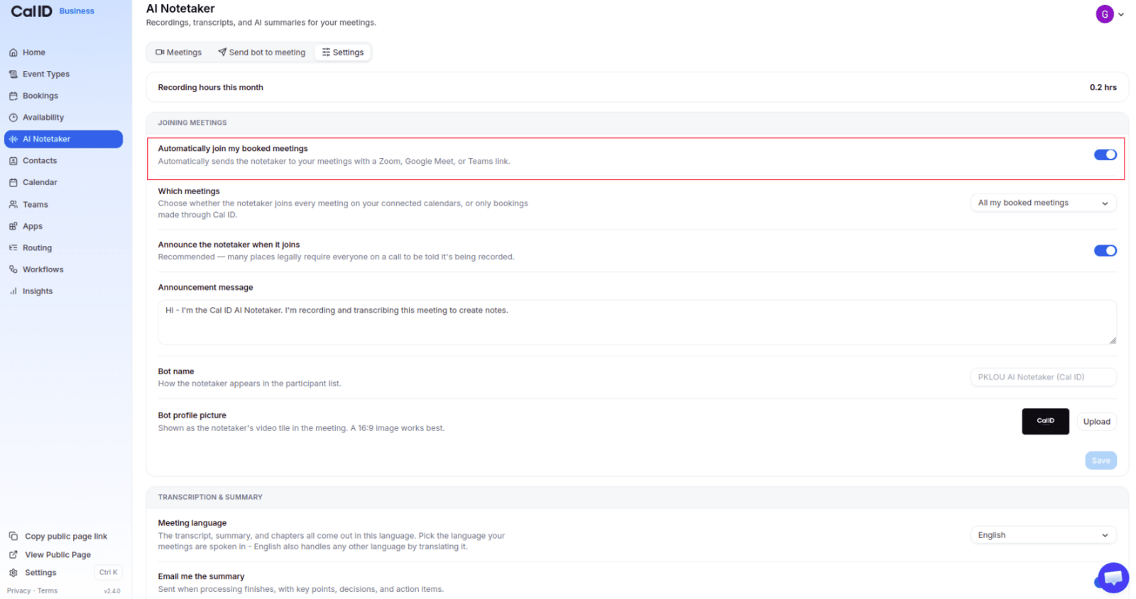 Settings page with the Automatically join my booked meetings toggle switched on and the Which meetings options shown beneath it
