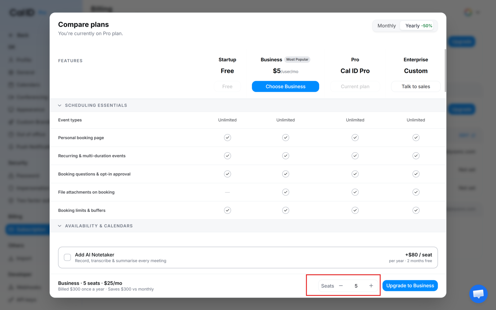 Upgrade screen with the Monthly and Yearly toggle, the Startup, Business and Enterprise plan cards, and a license quantity selector