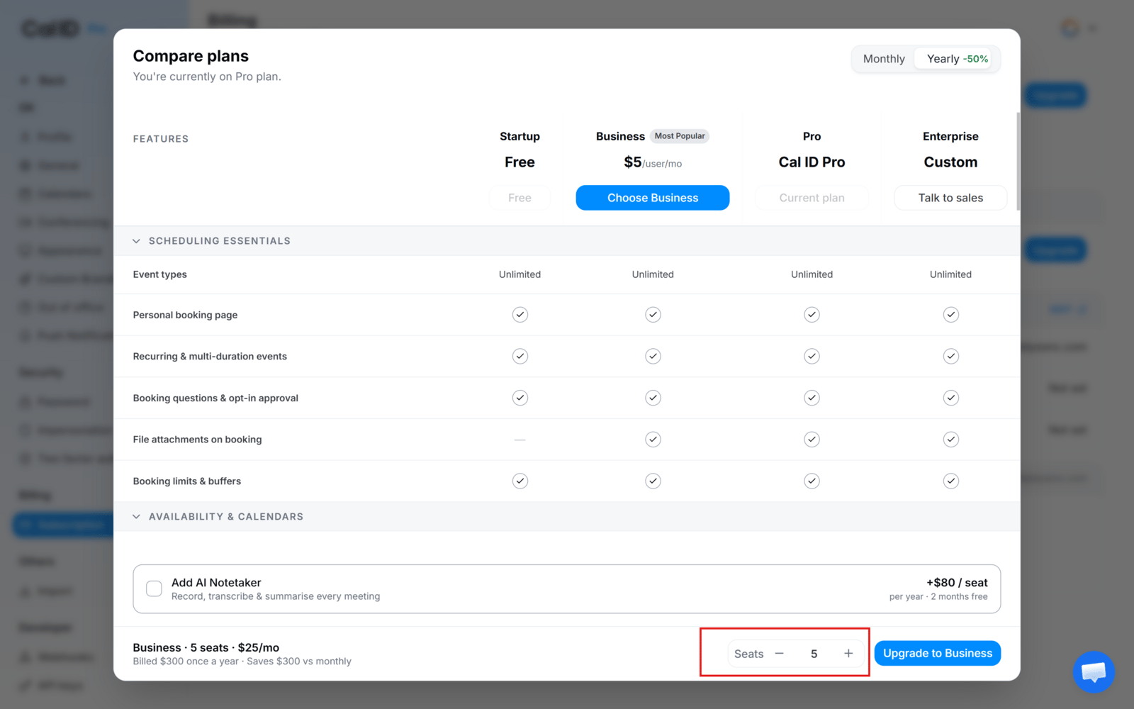 Upgrade screen with the Monthly and Yearly toggle, the Startup, Business and Enterprise plan cards, and a license quantity selector