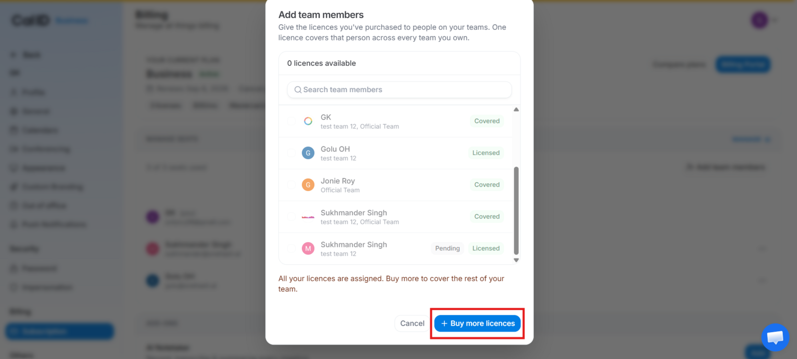 Buy more licenses dialog with a seat quantity field and the updated total shown before checkout