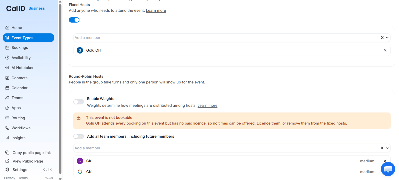 Team event page with a warning naming the unlicensed fixed host and stating the event cannot take new bookings