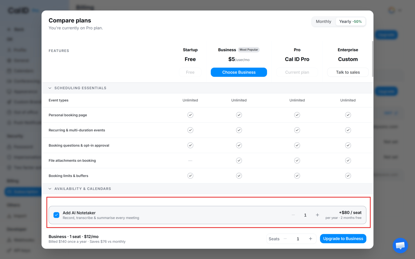 Upgrade screen with the Add AI Notetaker add-on option and its per-seat monthly and yearly price