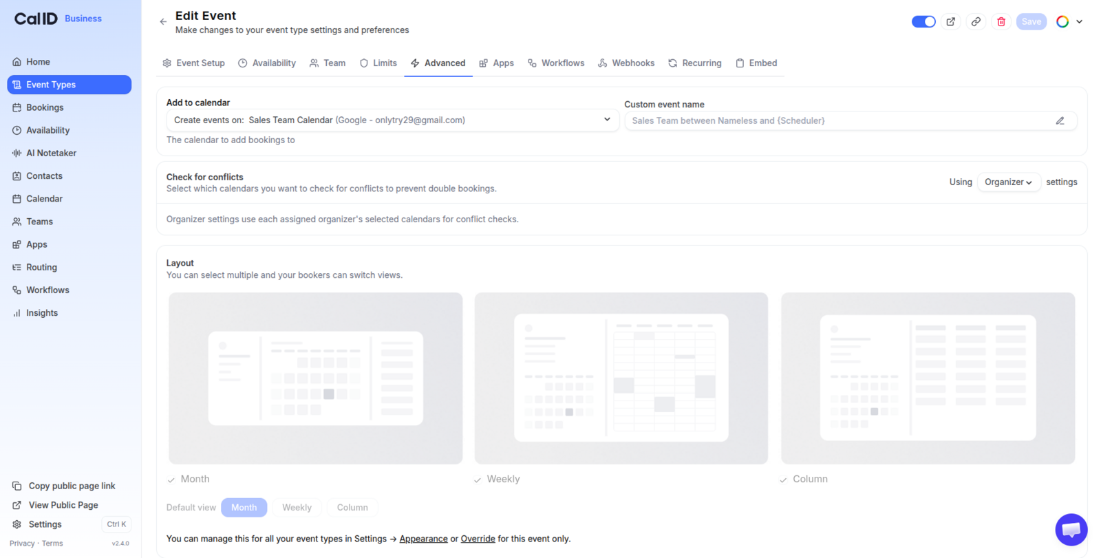 Sales Team Calendar showing a 9:00–9:30 AM booking created by Cal ID for the 30-Minute Sales Consultation event