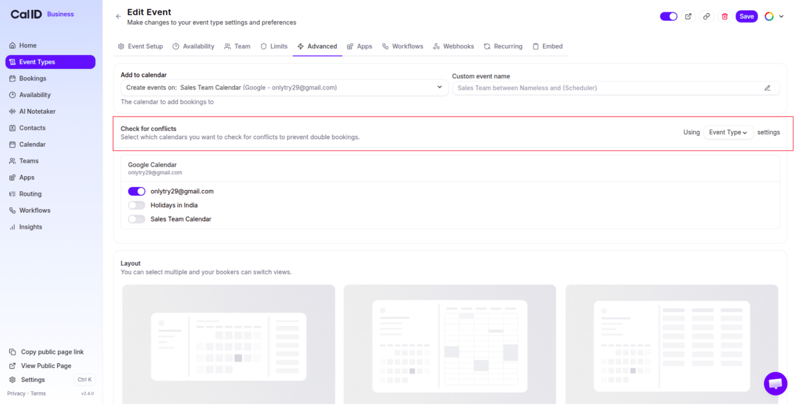 Check for conflicts setting on a team event type with the Event Type option selected
