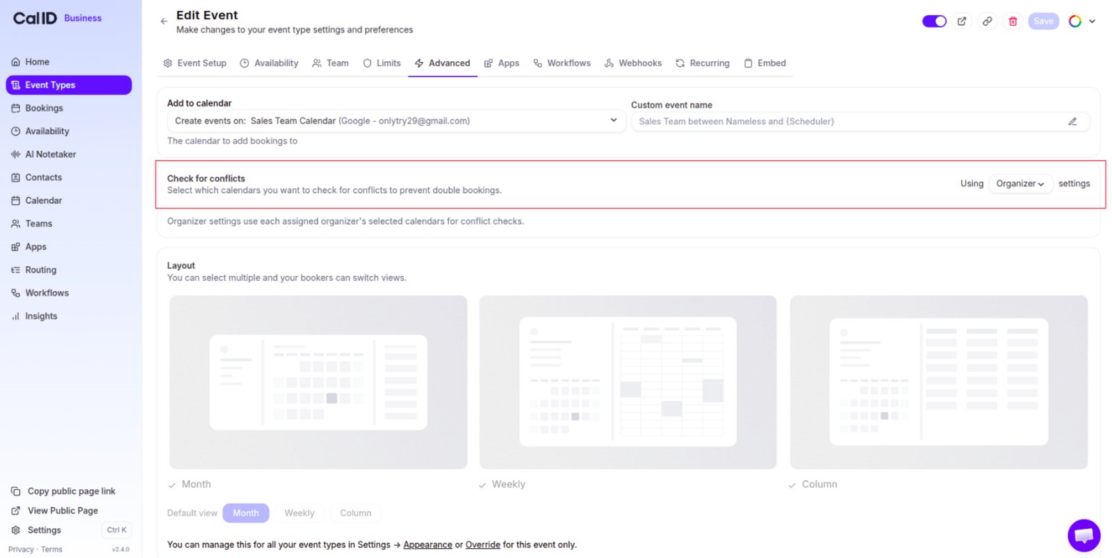 Check for conflicts setting on a team event type with the Organizer option selected