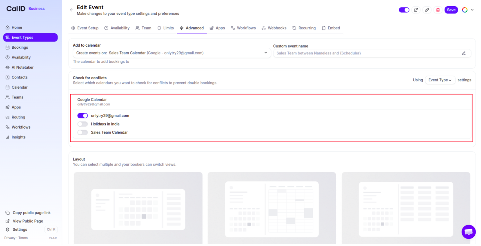 Team event type settings with the conflict detection toggle switched on for the connected team calendar