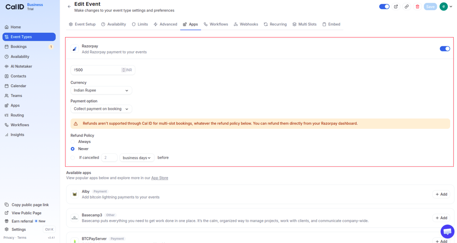 Apps tab of an event type with a payment app enabled and a per-slot price entered in its amount field
