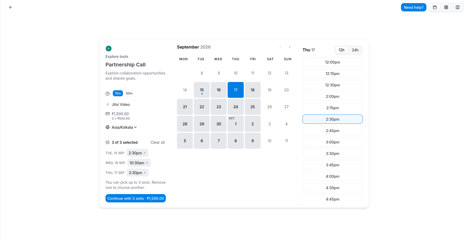 Booking summary for a fixed three-slot event showing the per-slot price multiplied into the package total