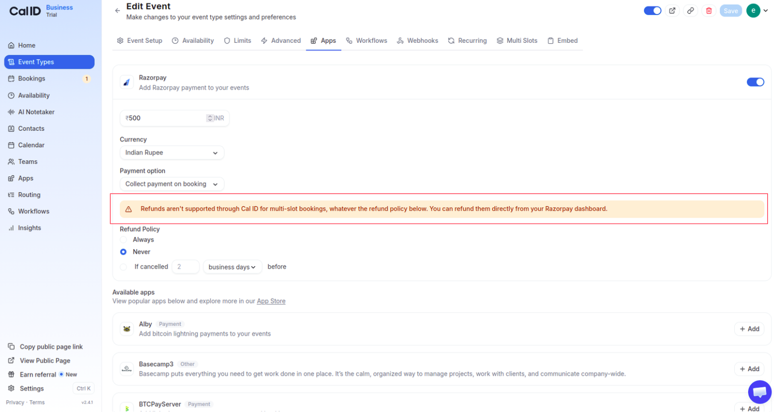 Notice on a paid multi-slot event stating that refunds are not supported for multi-slot bookings
