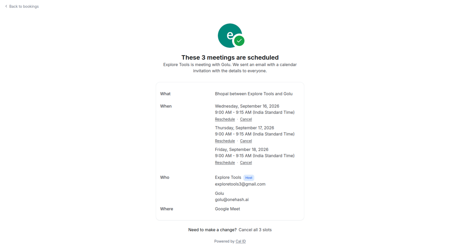 Confirmation page for a round-robin multi-slot booking showing the same host name listed with each booked slot