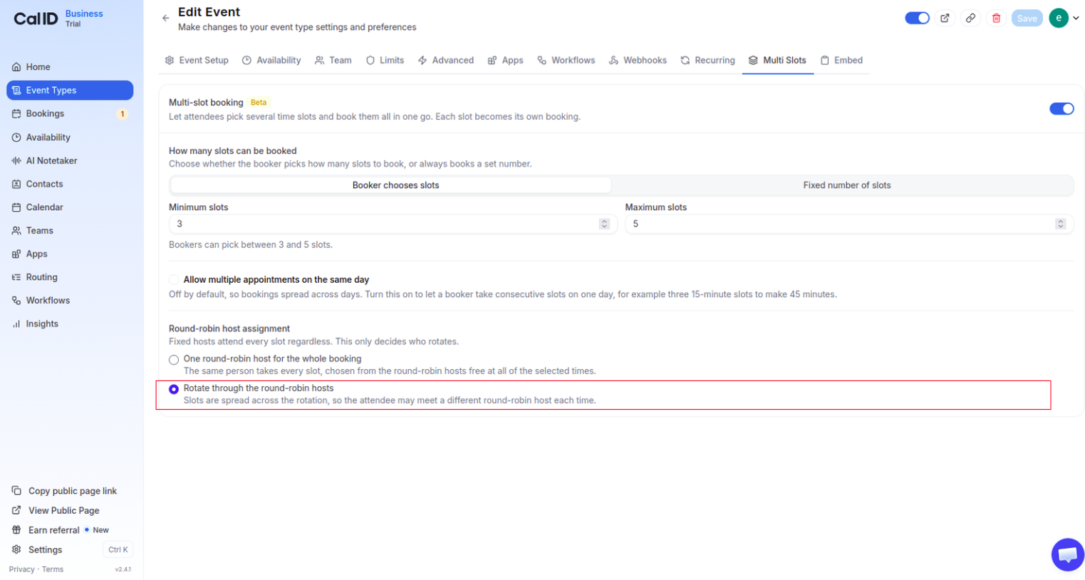 Round-robin host assignment setting with the option to rotate through the round-robin hosts selected