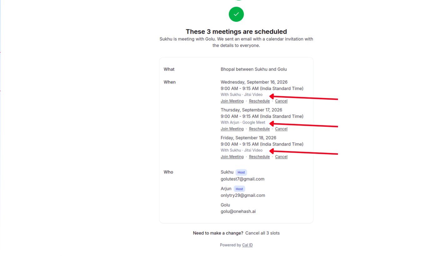 Confirmation page for a rotating round-robin multi-slot booking, with a different host name shown beneath each slot