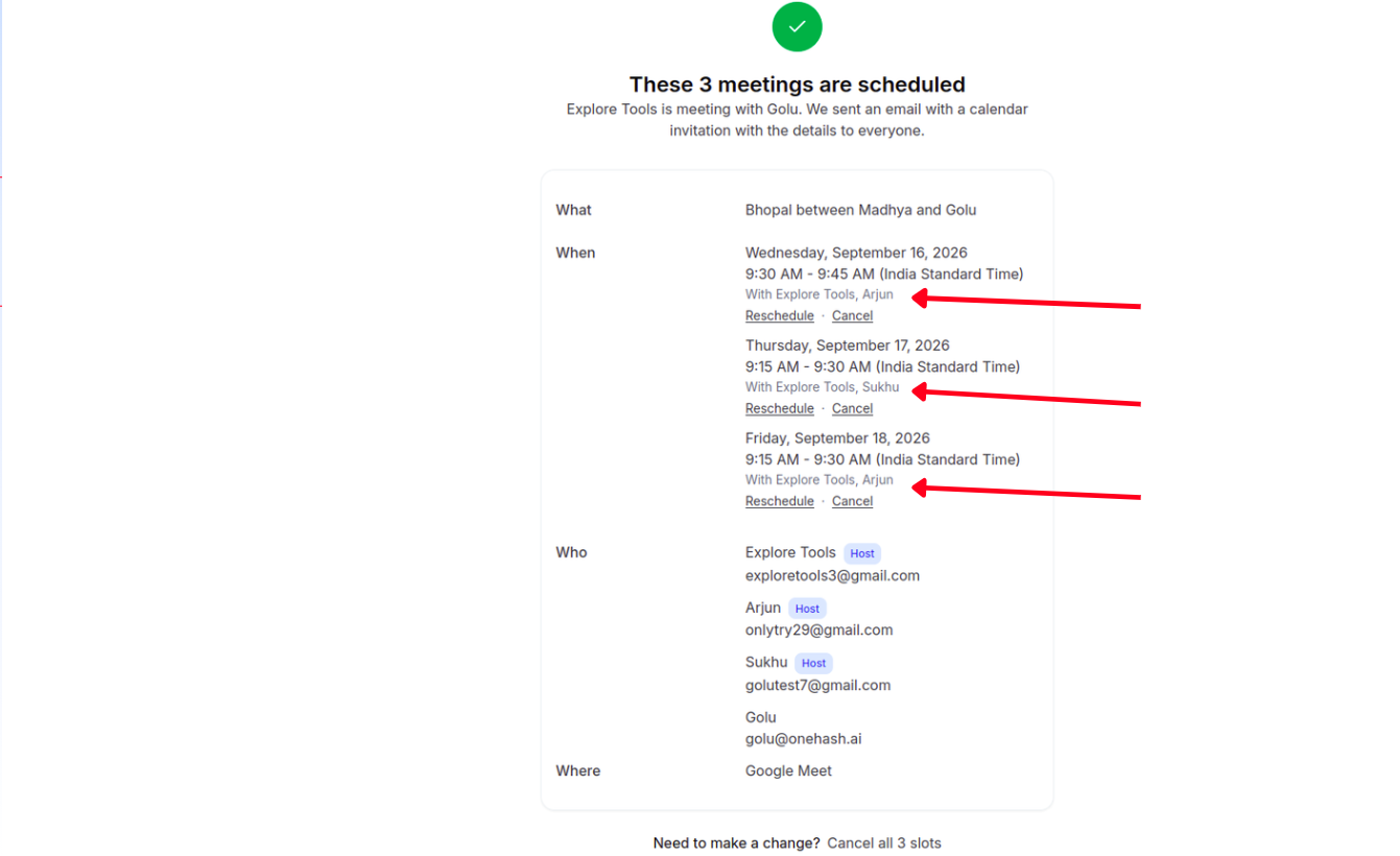 Confirmation page for a multi-slot booking on an event with a fixed host, showing that host's name against each slot