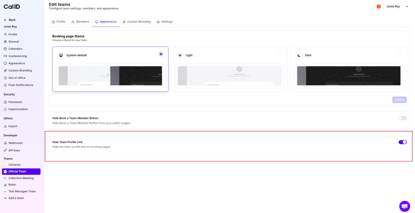 Hide team profile link toggle