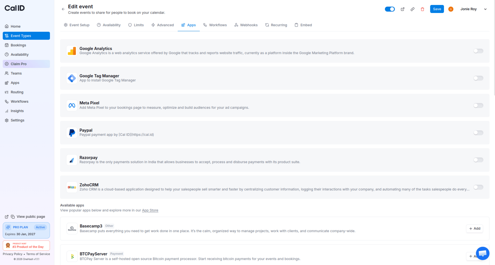 Enabling an app for an event type