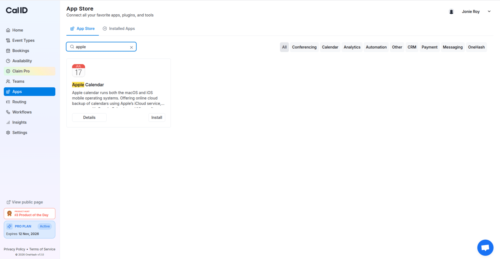 Apple Calendar card in the Cal ID App store
